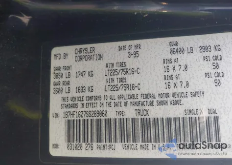 1995 Dodge Ram 1500 from USA, damaged, VIN 1B7HF16Z7SS289060